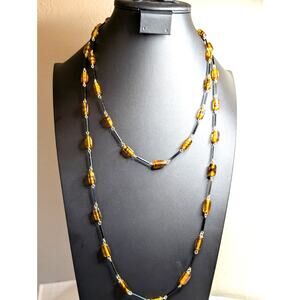 Vintage Amber Glass Black Bar Beaded Long Necklace